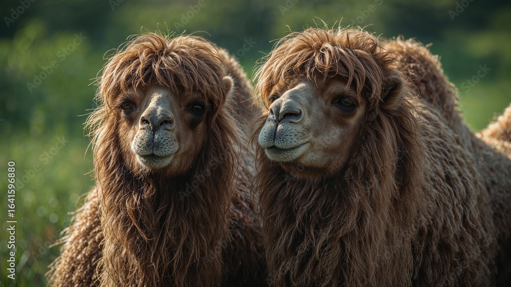 Obraz premium Adult Bactrian camels in a green meadow, critically endangered species grazing together