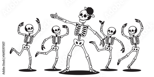 Dancing skeleton crew celebration in black and white vector