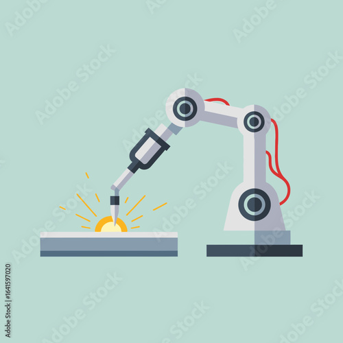 Robotic arm welds metal with sparks industrial automation technology manufacturing process.