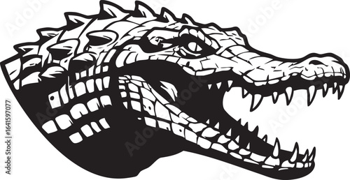 A fierce black and white illustration of an alligator or crocodile head with its mouth open, baring sharp teeth.