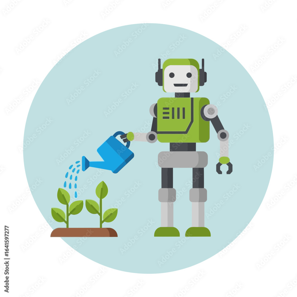 Obraz premium A green robot waters small green plants with a blue watering can.