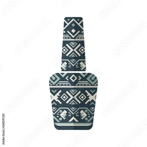 Nail polish bottle covered in geometric patterned design.