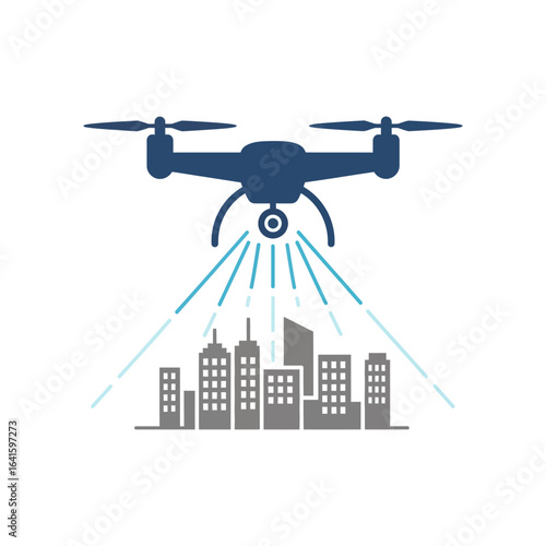 Drone flies over city buildings emitting light beams from its camera.