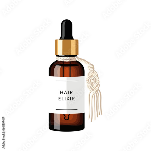 Bottle with dropper and label reading hair elixir with tassel attached.
