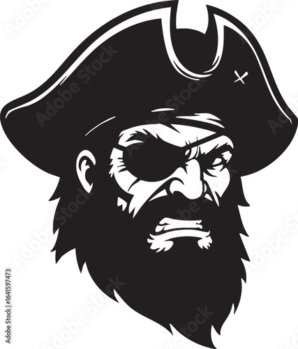 A fierce pirate captain's head with a full beard, an eyepatch, and a tricorn hat, depicted in a bold black and white style.