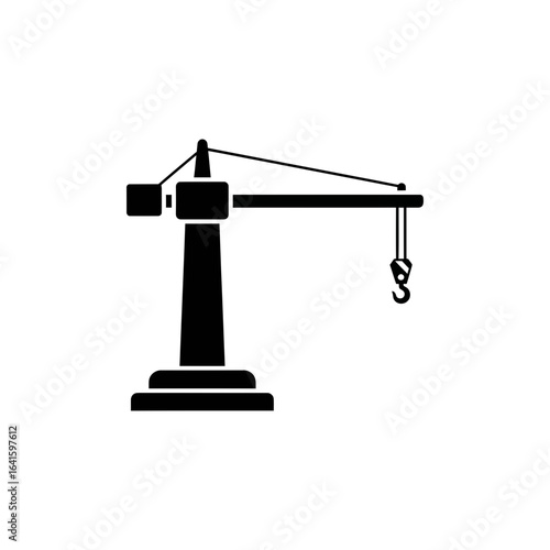 Black silhouette of a construction crane with hook and base.