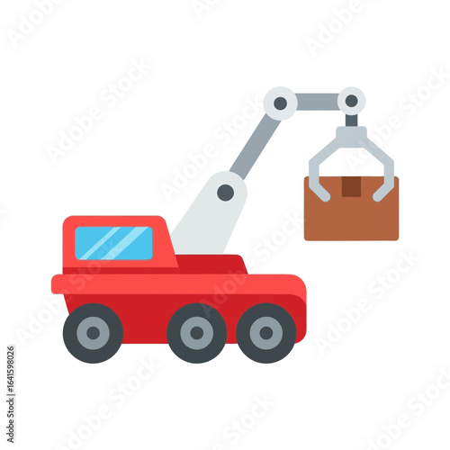 Red crane lifting a brown cardboard box with its mechanical arm and claw.