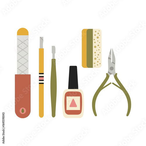 Manicure set containing nail file cuticle pusher nail polish brush and nail clippers.