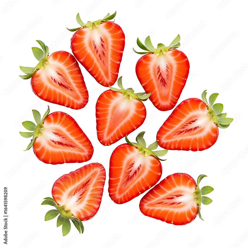 Freshly sliced strawberries arranged together isolated on transparent background Freshly sliced strawberries arranged together isolated on transparent background
