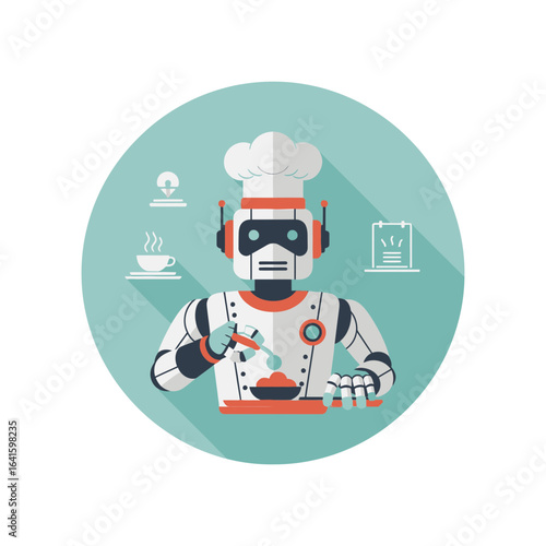 Robot chef wearing a hat holding food with kitchen icons.