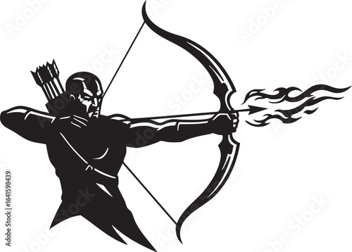 A stylized warrior archer aims a bow, preparing to shoot a flaming arrow.