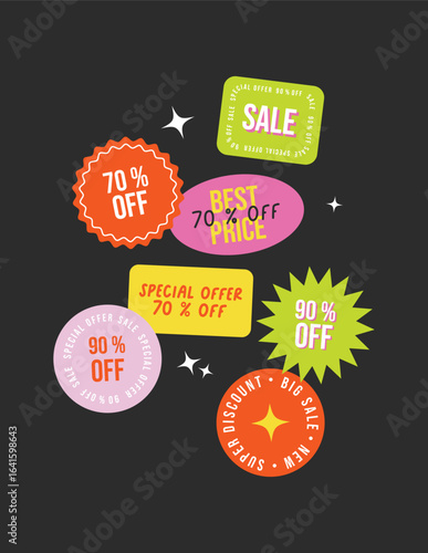 Sale black friday stickers set. Trendy promo labels, patches, stamps for shopping. Big discounts