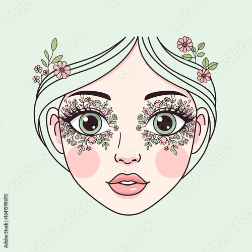 Woman's face with floral decorations on hair and around eyes illustration.