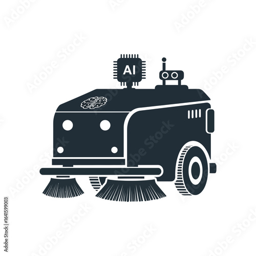Autonomous floor sweeper robot with brushes and antenna illustration dark silhouette.