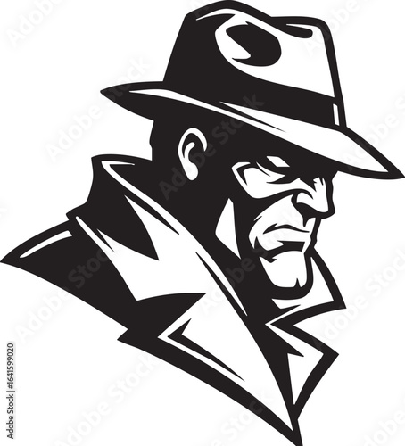 A mysterious detective or spy in a fedora and trench coat, illustrated in a stark black and white graphic style.