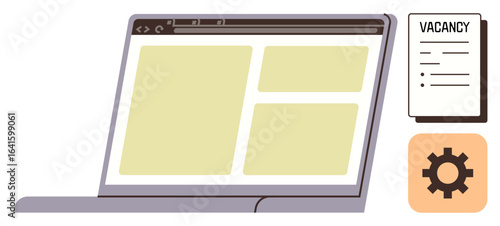 Open laptop displaying website layout alongside vacancy paper and gear icon. Ideal for job search, online applications, career portals, recruitment, HR tasks, workflow, technology. Simple flat