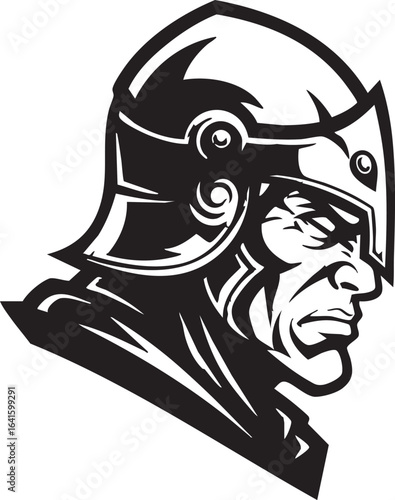 A stern medieval knight or warrior's head in profile, wearing an ornate helmet in a bold black and white graphic style.