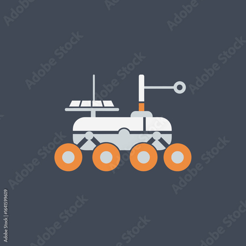 A white rover with six orange wheels and antenna is depicted.