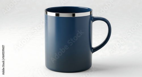 Tall sleek navy blue coffee mug with silver rim and handle