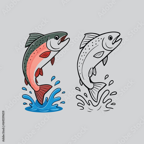 Colorful illustration of a leaping rainbow trout next to a black and white outline drawing