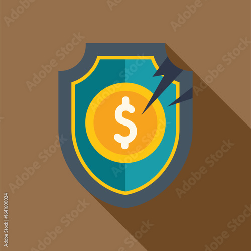 Shield protecting dollar coin is hit by lightning, representing financial crisis and economic instability
