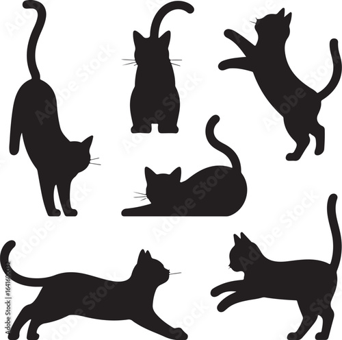 A set of various black cat silhouettes, including domestic pets and kittens, in a vector cartoon illustration design