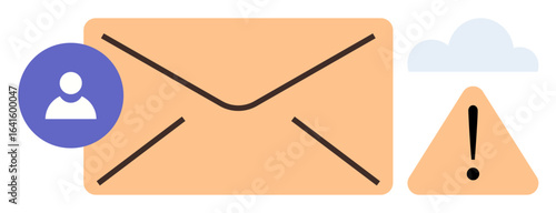Large envelope with user icon, exclamation mark inside triangle, and cloud. Ideal for email, communication, error notification, data security, warning message, account issue simple flat metaphor