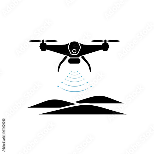 Drone flies over hills emitting waves or signals.
