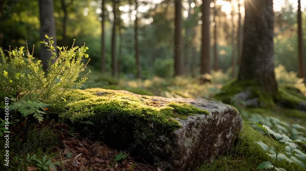 Moss covered stone and rock in sunlit forest with green plants and tall trees creating peaceful natural atmosphere of nature sunlight Moss covered stone and rock in sunlit forest with green plants and tall trees creating peaceful natural atmosphere of nature sunlight