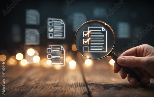 A hand holding a magnifying glass over a checklist icon, with multiple checklists in the background. The scene has a warm, glowing ambiance with soft bokeh lights scattered around.