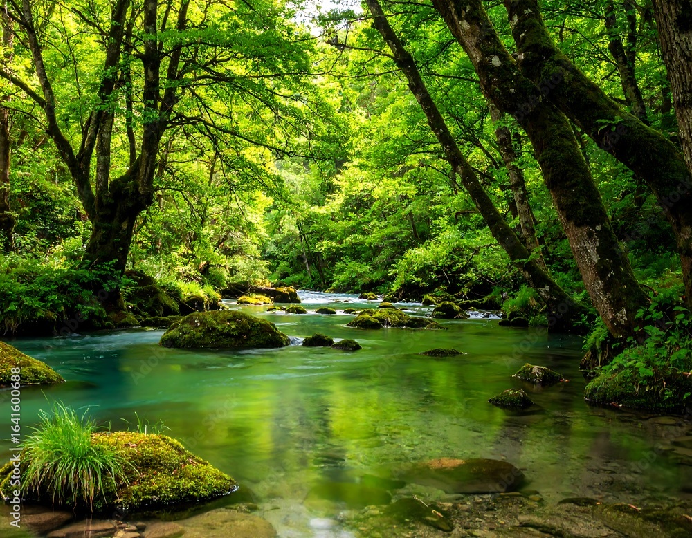 Obraz premium Lush river scene with clear water flows through a vibrant green forest