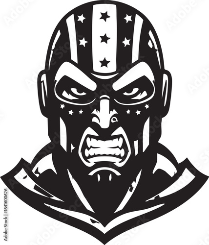 A stylized black and white illustration of a fierce, snarling warrior or mascot wearing a patriotic American flag mask.