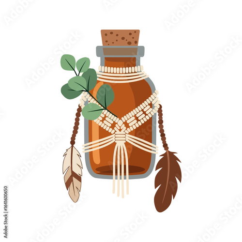 Brown bottle with cork wrapped in string feathers and leaves illustration.