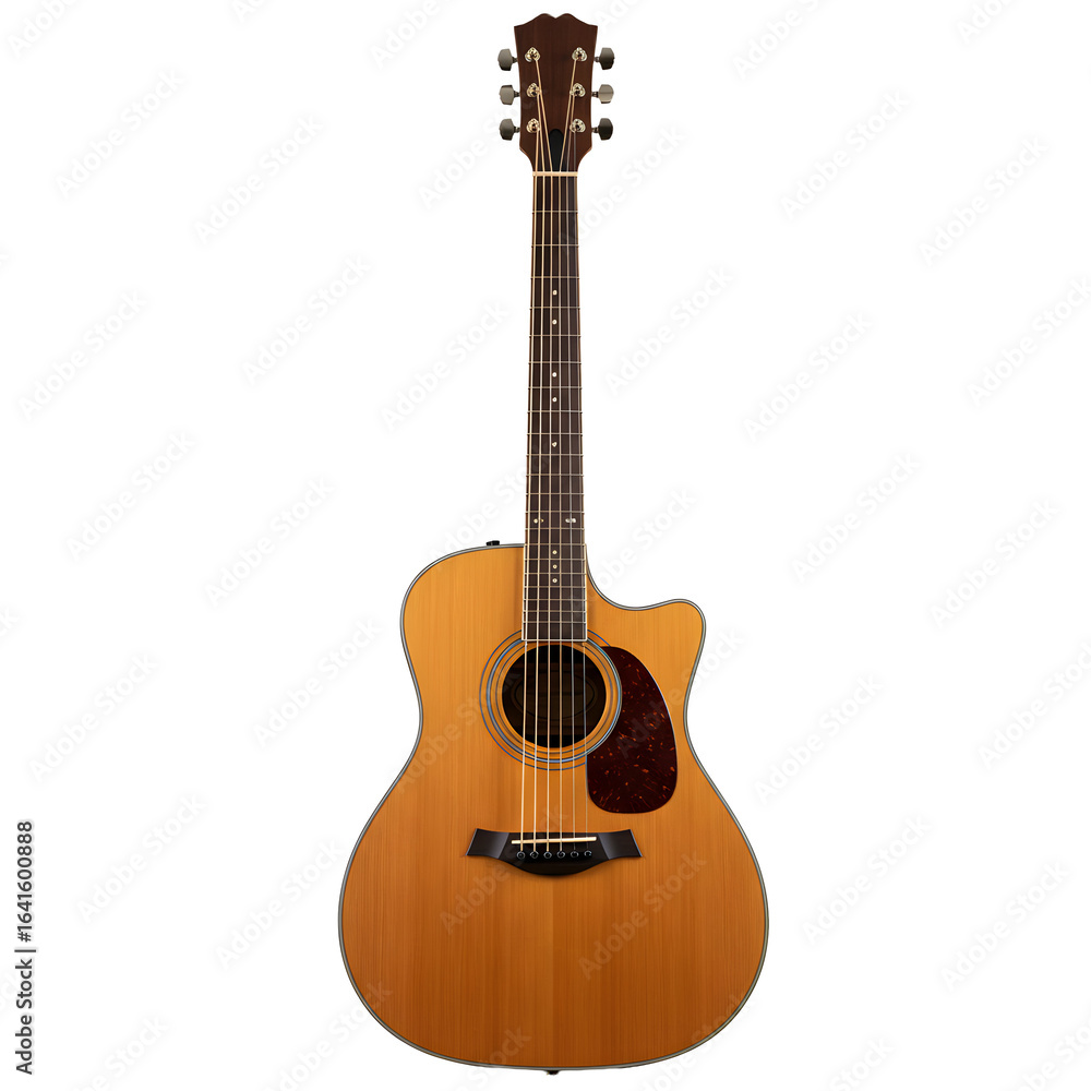 Naklejka premium A detailed studio shot of a classic acoustic guitar, captured with precision. The instrument stands prominently