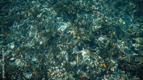 Lively ocean floor arrangement of stones and seaweed