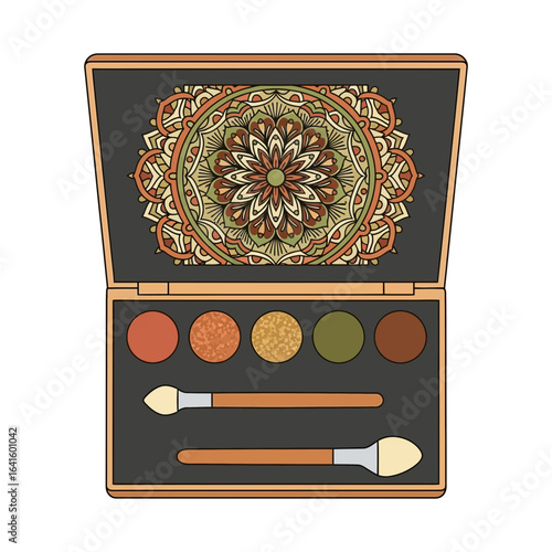 Open makeup palette with eyeshadows and applicators featuring a mandala design.
