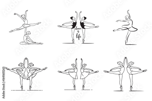 Elegant ballet poses line art illustrations set in black and white