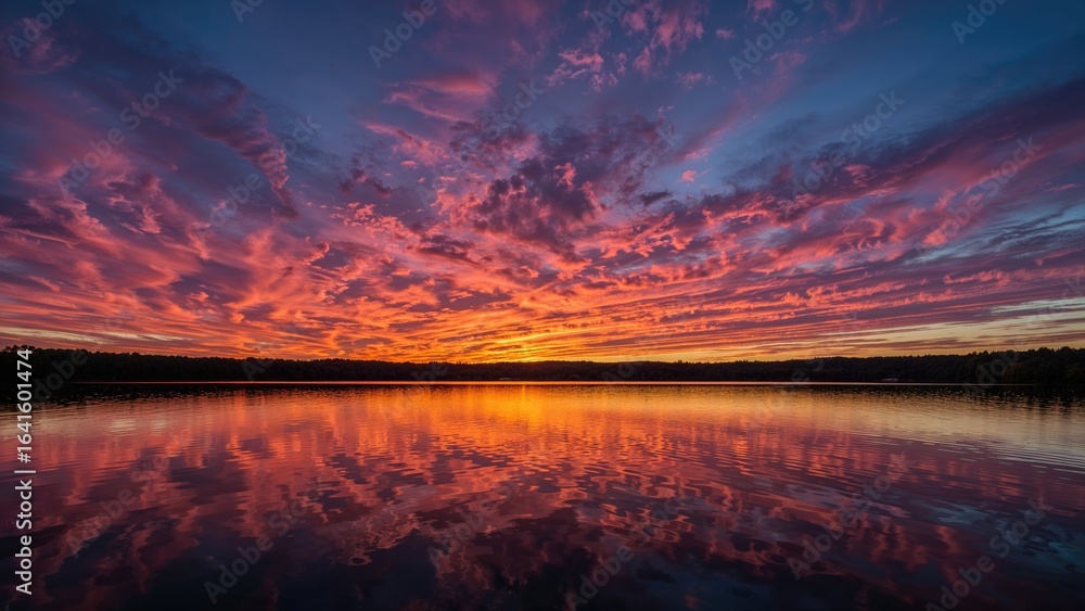 Fototapeta premium Sunset hues painting the sky and clouds mirrored on a calm lake