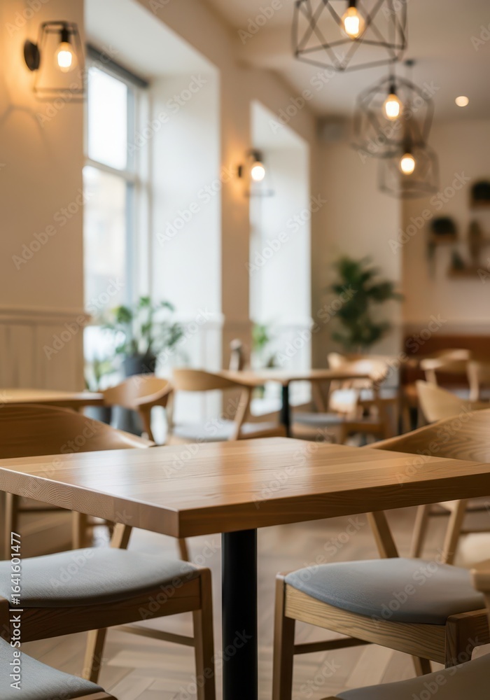 Cozy restaurant interior with wooden furniture and soft lighting. Cozy restaurant interior with wooden furniture and soft lighting.