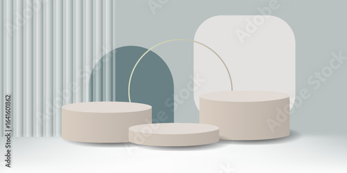 3D podium scene with reeded translucent glass. Elegant product platforms with geometric elements on a green background for promotion and sales.