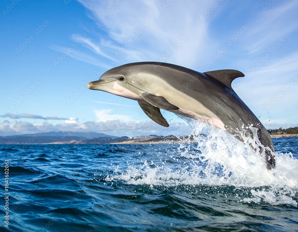 Fototapeta premium Magnificent dolphin gracefully leaping from the sea with splash and blue sky