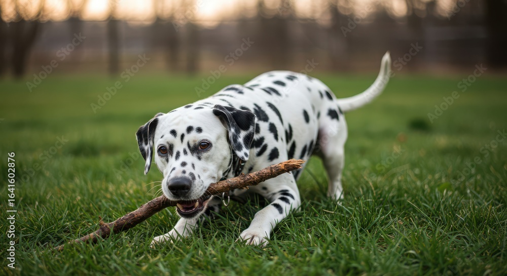 A playful Dalmatian dog with black spots carries a stick in its mouth while running on green grass. The background features blurred trees and a sunset sky. A playful Dalmatian dog with black spots carries a stick in its mouth while running on green grass. The background features blurred trees and a sunset sky.