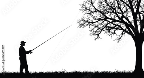 Silhouette of a man fishing with rod near a large tree, outdoor activity, peaceful nature scene, leisure, relaxation, hobby, solitude