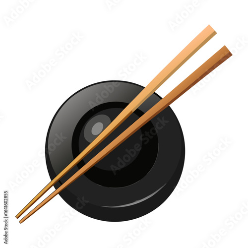 Black Lacquer Chopsticks with Porcelain Holder Top View Vector Isolated