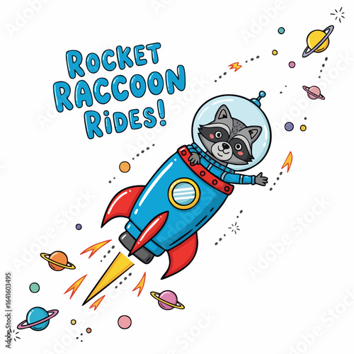 Принти на полотні Cartoon Style Handdrawn Raccoon Astronaut Riding a Rocket in Space Illustration