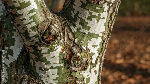 Macro shot of the uniquely patterned bark in green, white, and brown on a Snakebark Maple tree