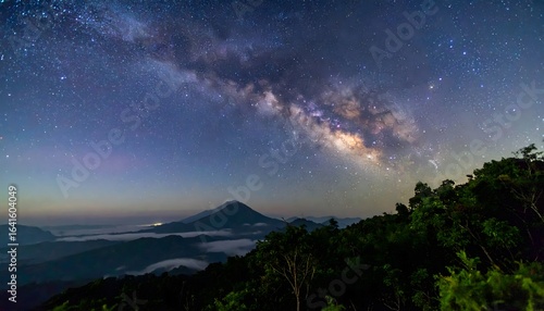 Celestial wonder of the Milky Way galaxy shining over a tranquil mountain landscape with a misty valley below