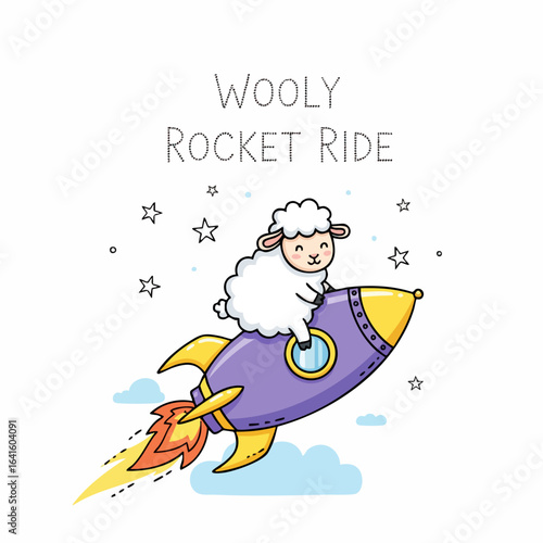 Whimsical Handdrawn Sheep Riding a Rocket to Space Illustration Graphic