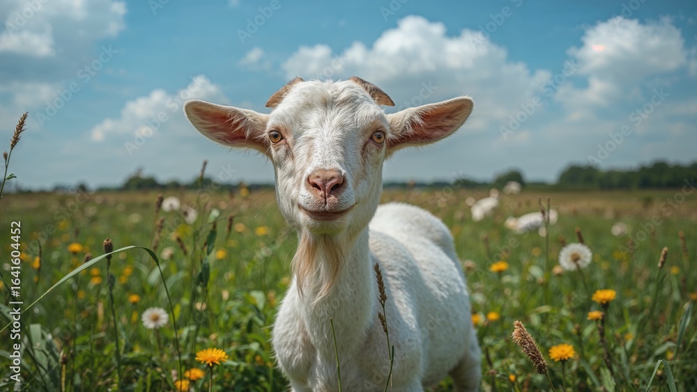 Obraz premium Close-up of a humorous adult goat standing on lush green grass in a rural field