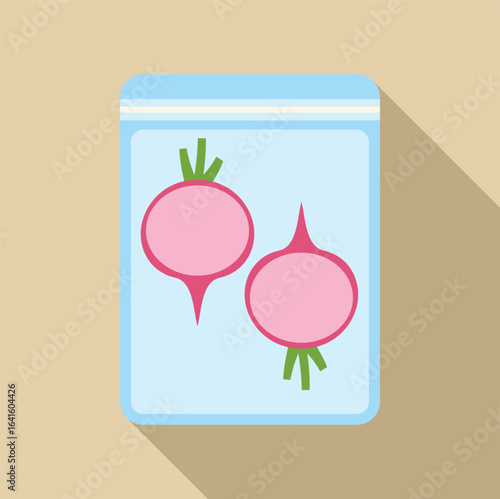 Two fresh radishes are being preserved and stored in a vacuum sealed plastic bag, maintaining freshness and preventing spoilage
